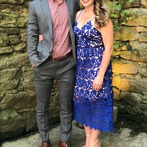 Blue Lace Midi Dress with Spaghetti Straps